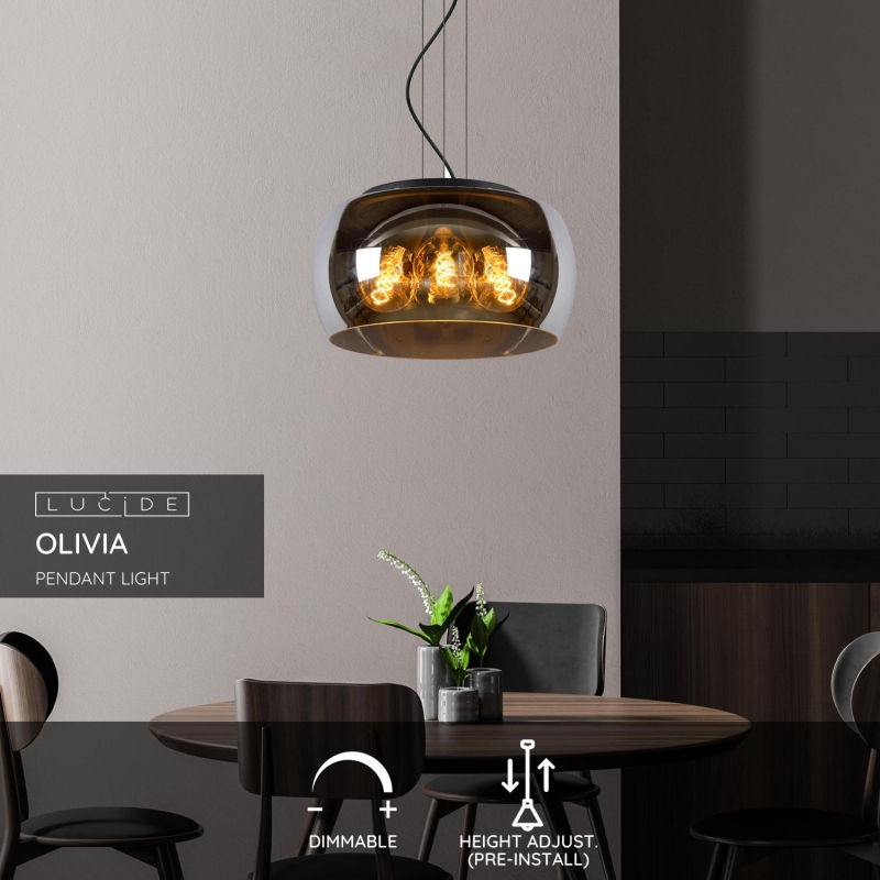 Lucide OLIVIA - Závesné svietidlo - Ø 40 cm - 3xE27 - Smoke Grey